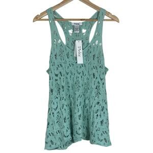 NWT Pinky Tank Top Womens L Teal Blue 100% Cotton Sheer Crochet Lace Boho Y2K